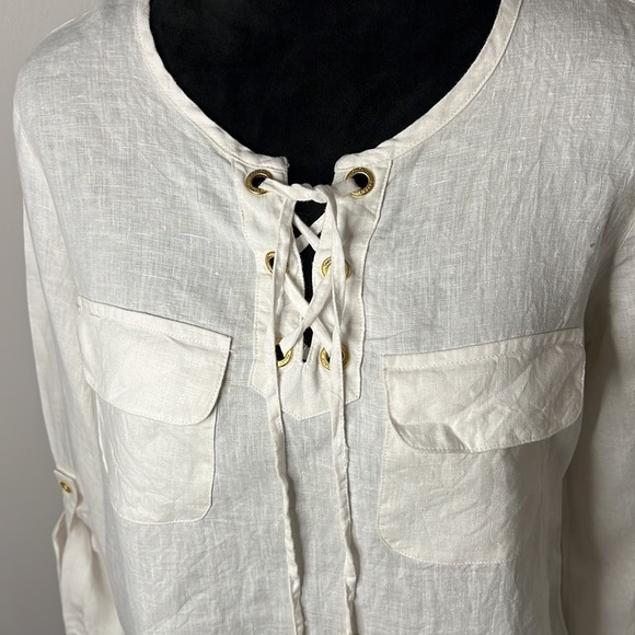 Ellen Tracy Company 100% Linen natural ivory tunic top Sz S lace up - Picture 5 of 11